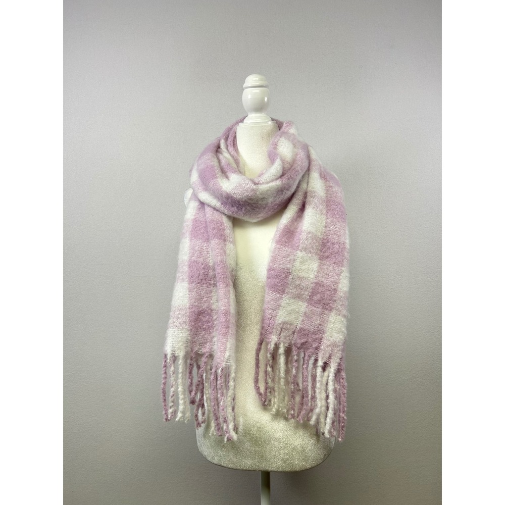 Juicy Couture Blanket‎ Scarf Women OS Purple White Plaid Fuzzy Tassel Fringe